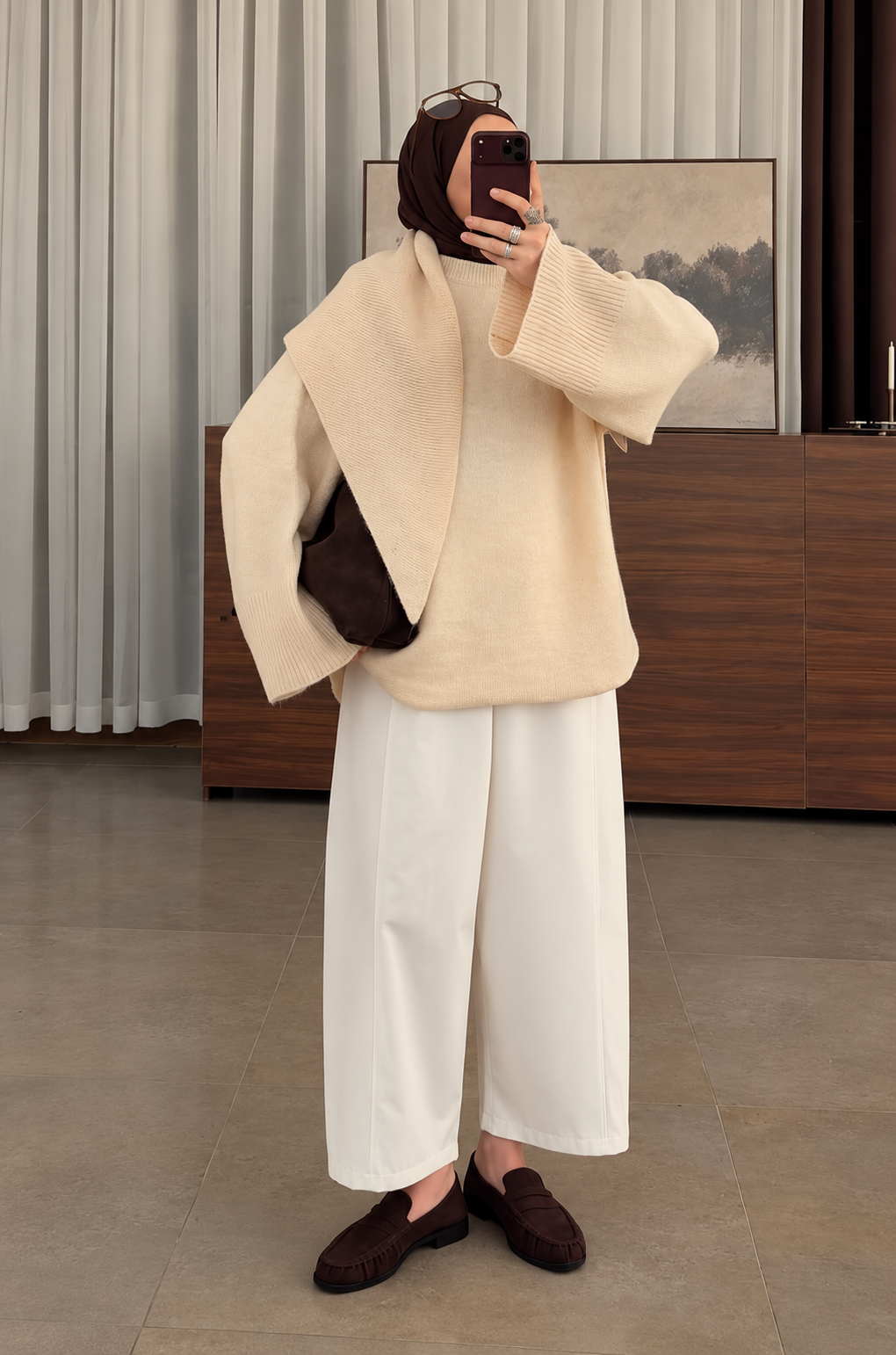 Premium Knit Sweater with Scarf Vanilla