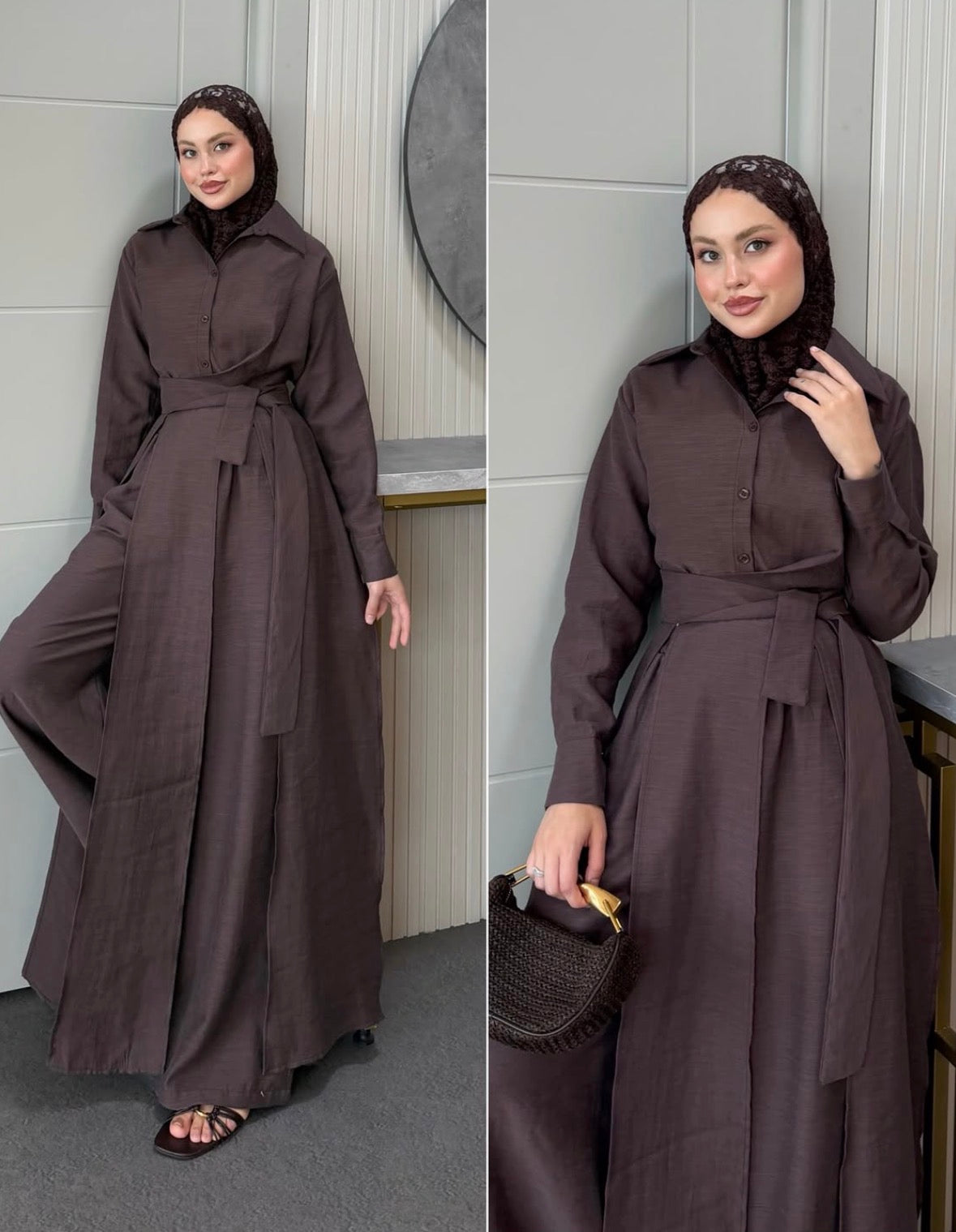 Linen Set with Slit Trousers Brown