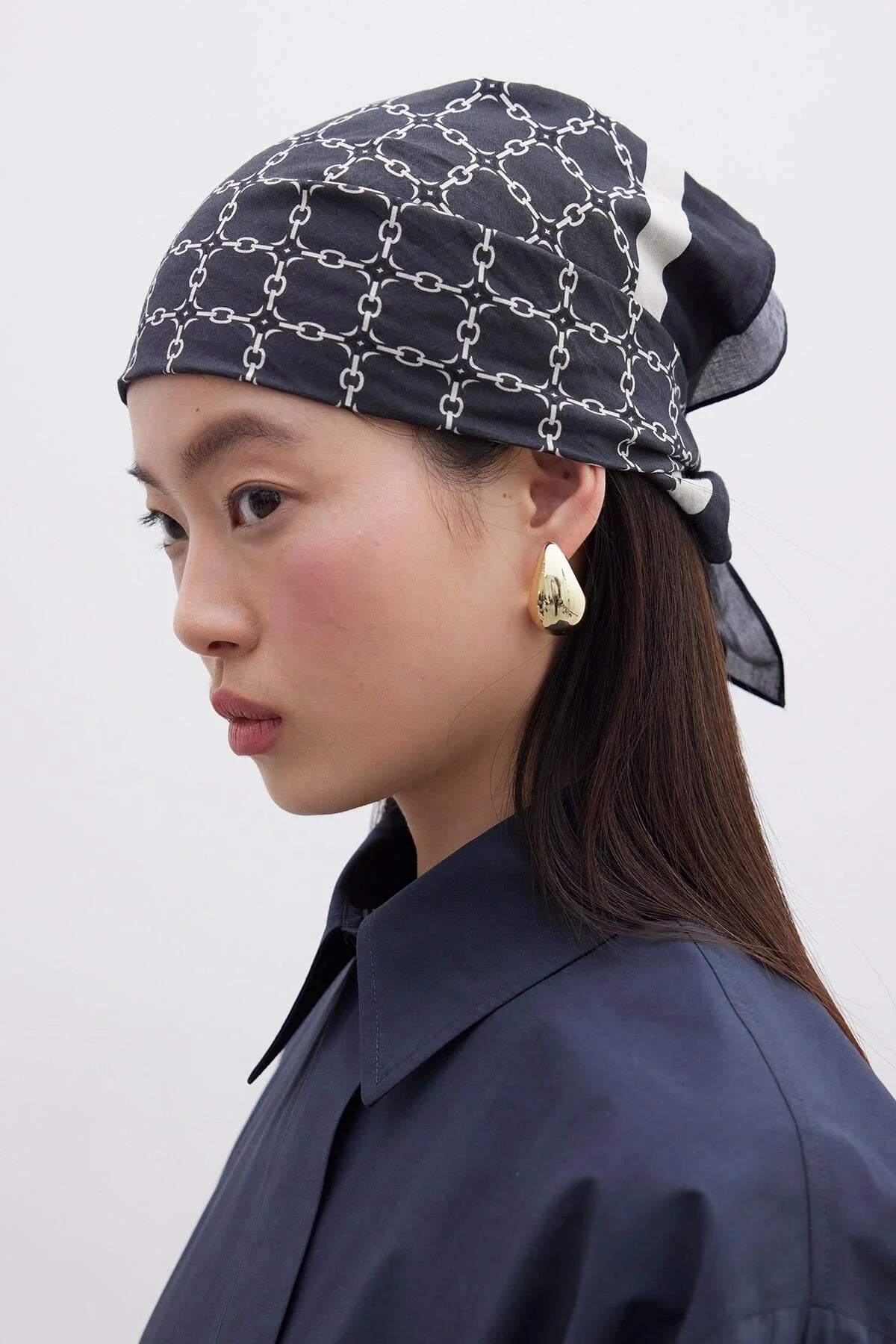 Patterned Cotton Scarf Navy Blue