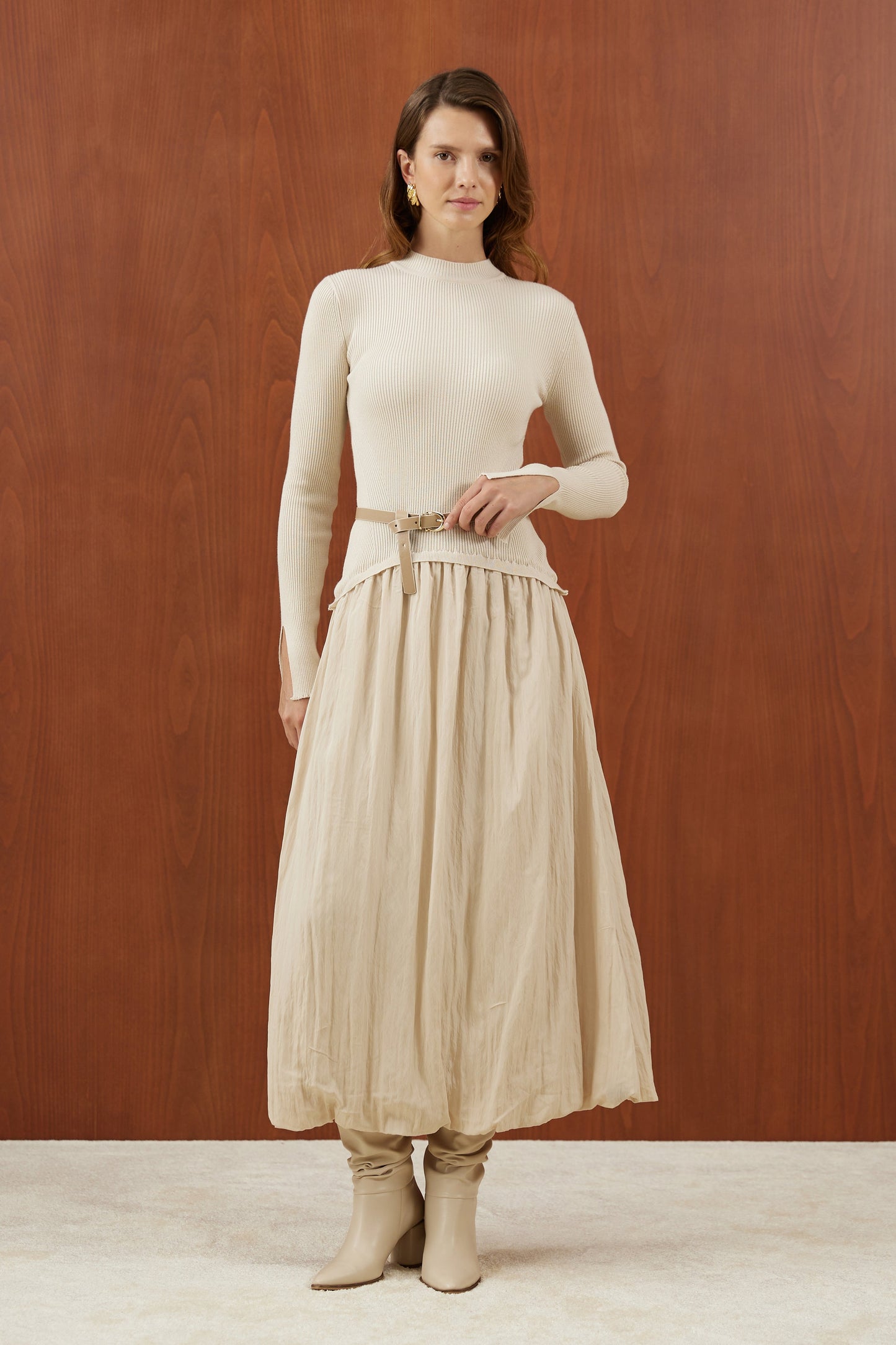 Beige Knitted Balloon Dress