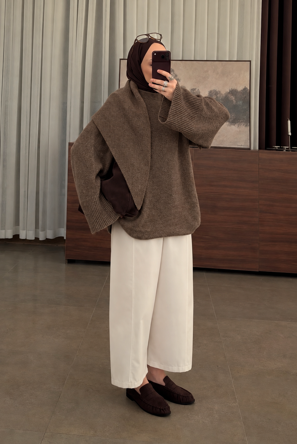 Premium Knit Sweater with Scarf Brown