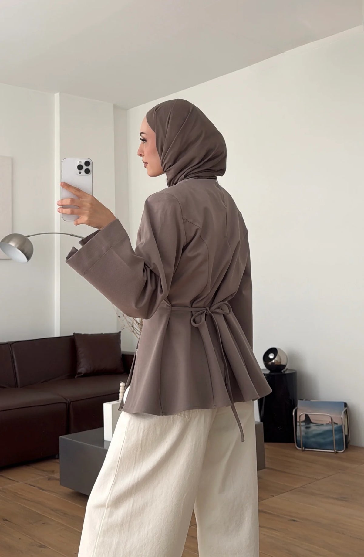Blouse with Shoulder Pads and Slit Detail Taupe