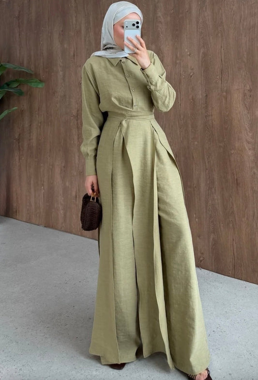 Linen Set with Slit Trousers Olive
