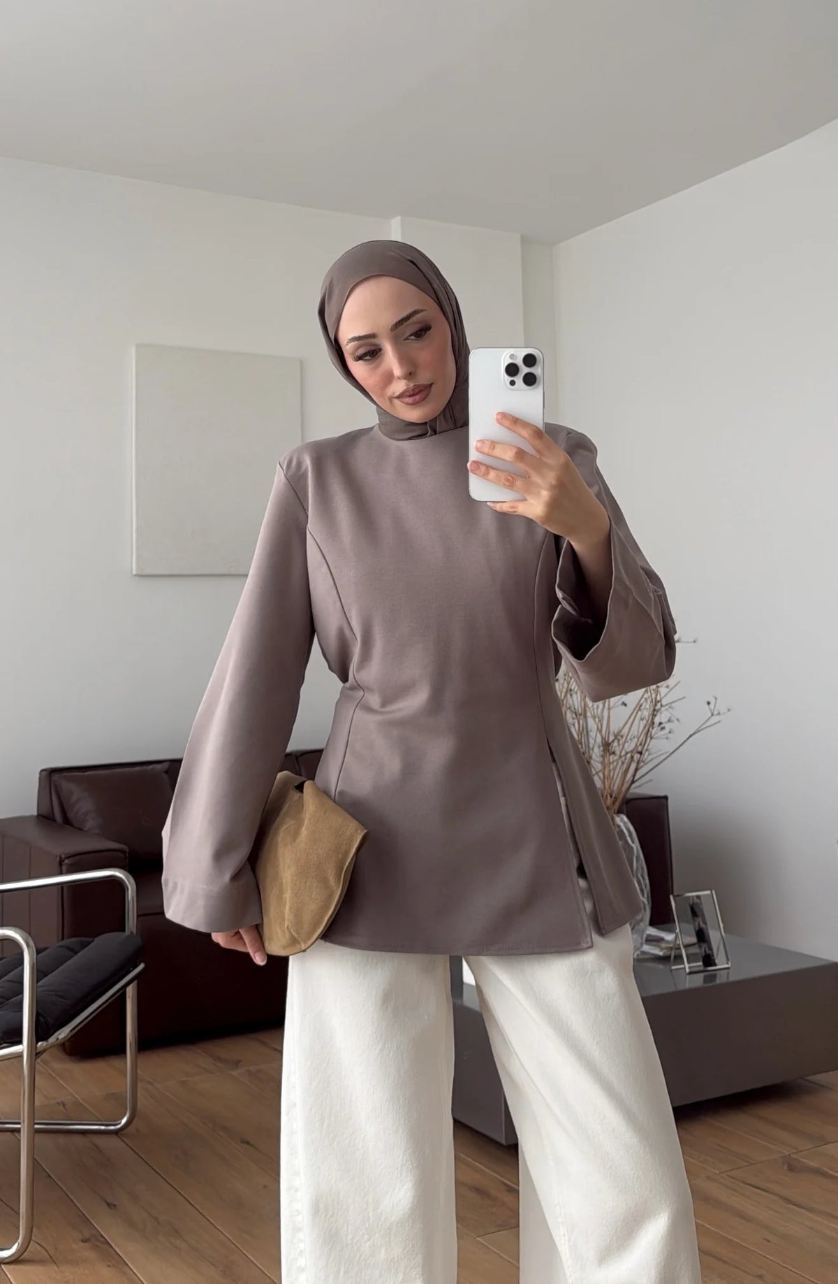 Blouse with Shoulder Pads and Slit Detail Taupe