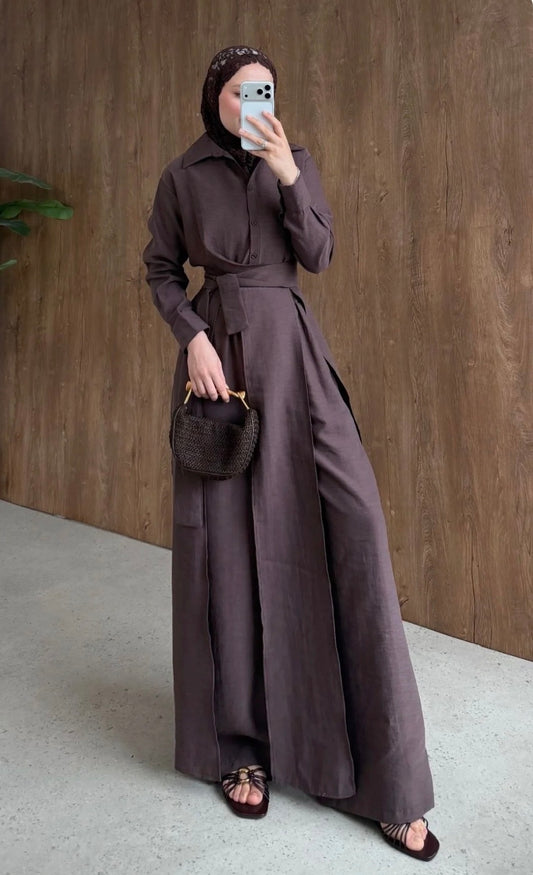 Linen Set with Slit Trousers Brown