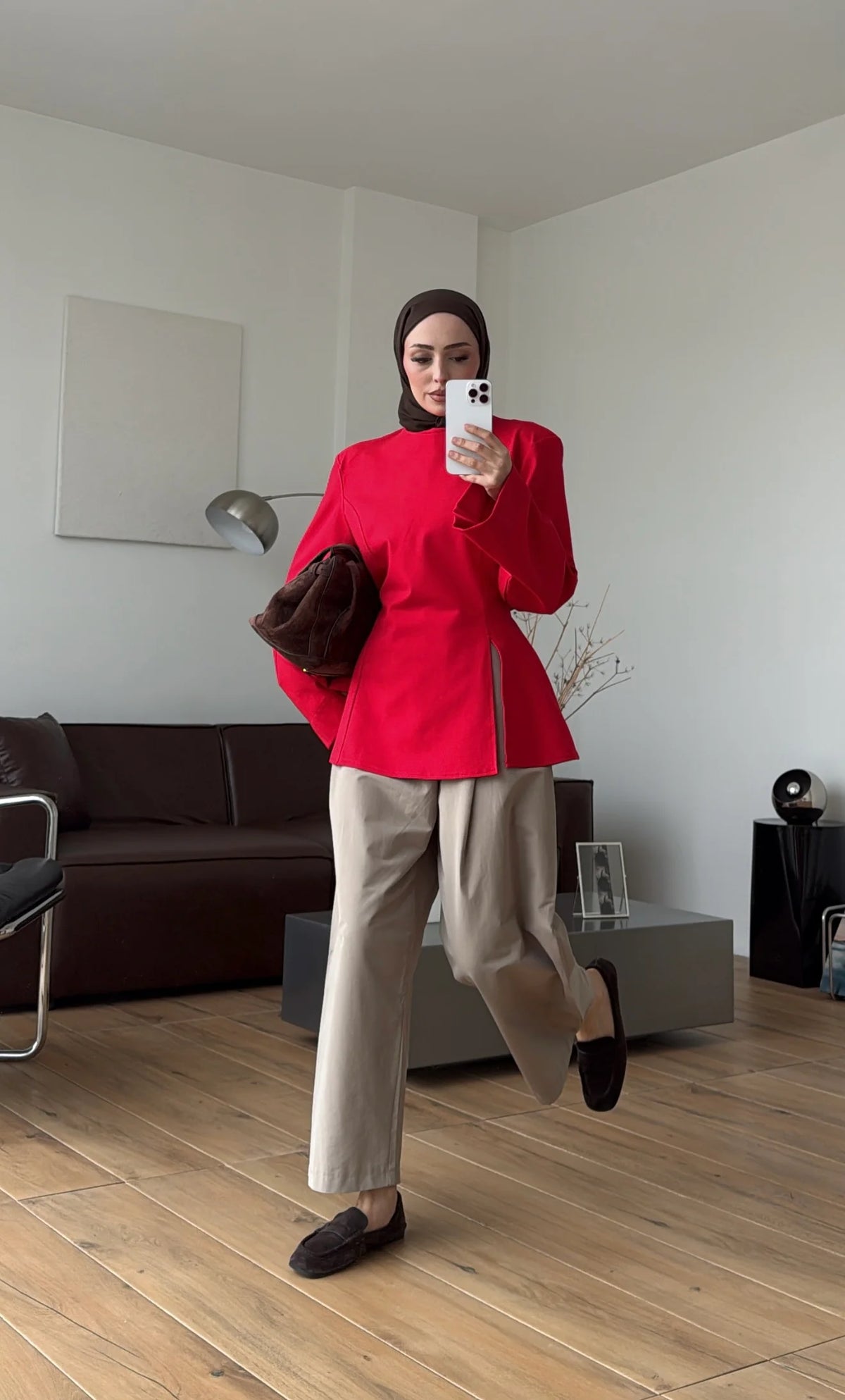 Blouse with Shoulder Pads and Slit Detail Red