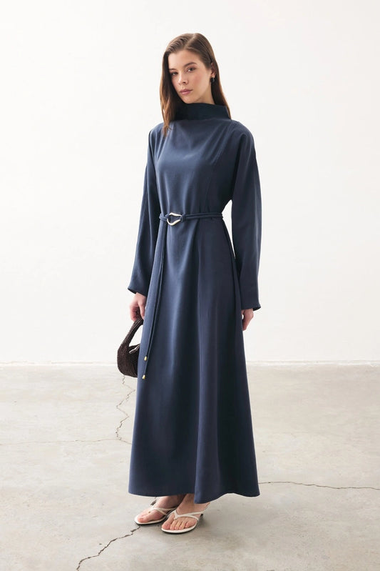 High neck dress blue