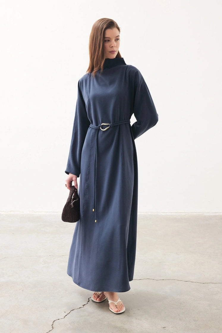 High neck dress blue