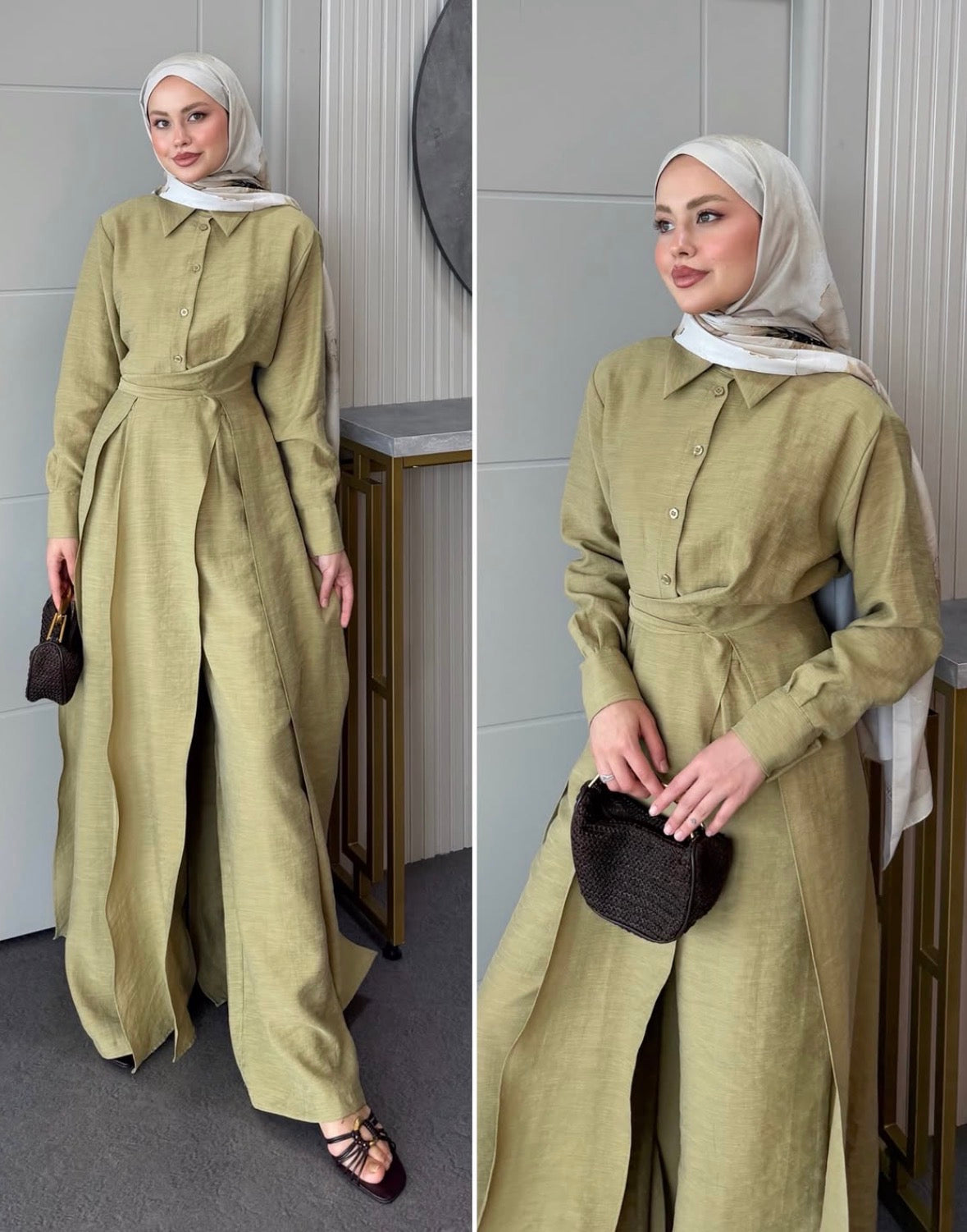 Linen Set with Slit Trousers Olive