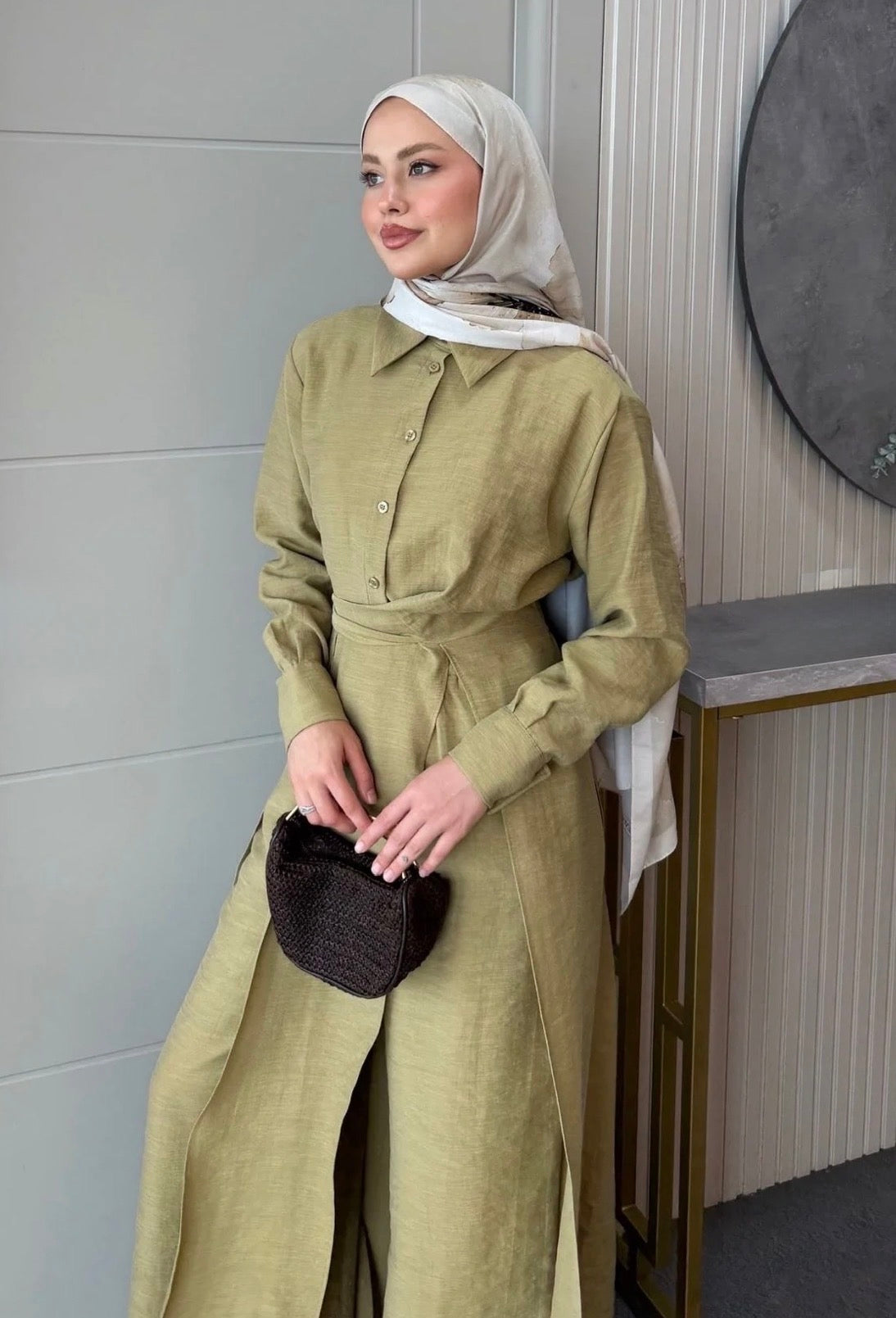 Linen Set with Slit Trousers Olive