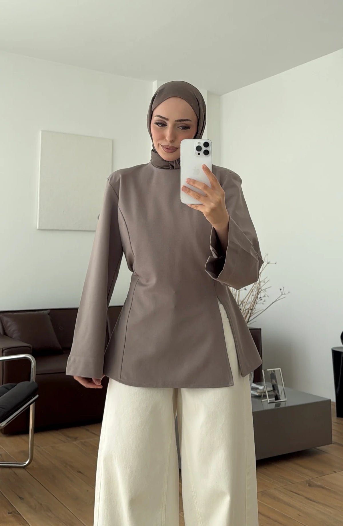 Blouse with Shoulder Pads and Slit Detail Taupe