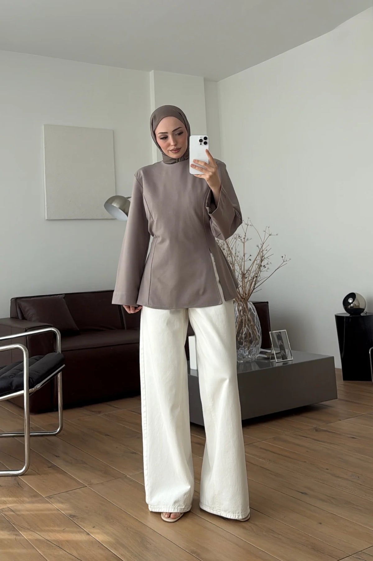 Blouse with Shoulder Pads and Slit Detail Taupe