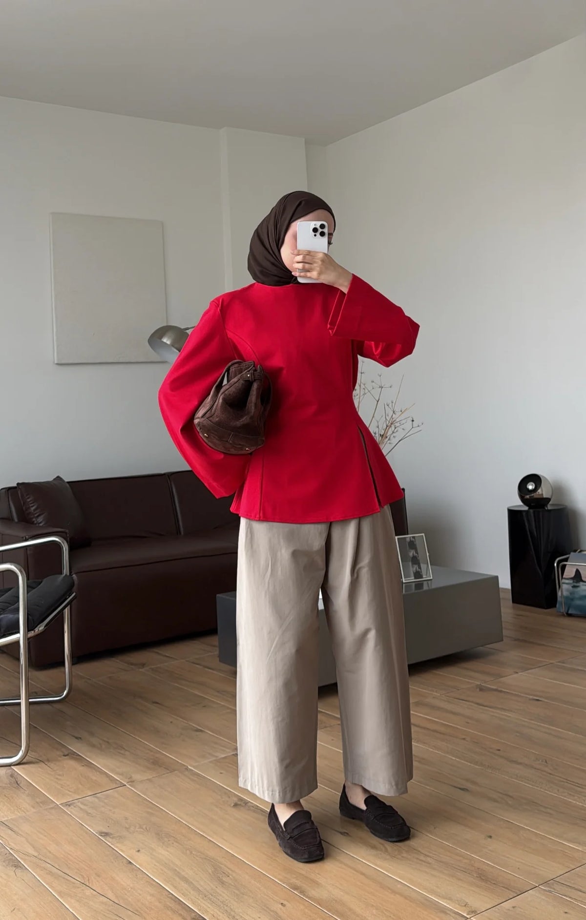 Blouse with Shoulder Pads and Slit Detail Red