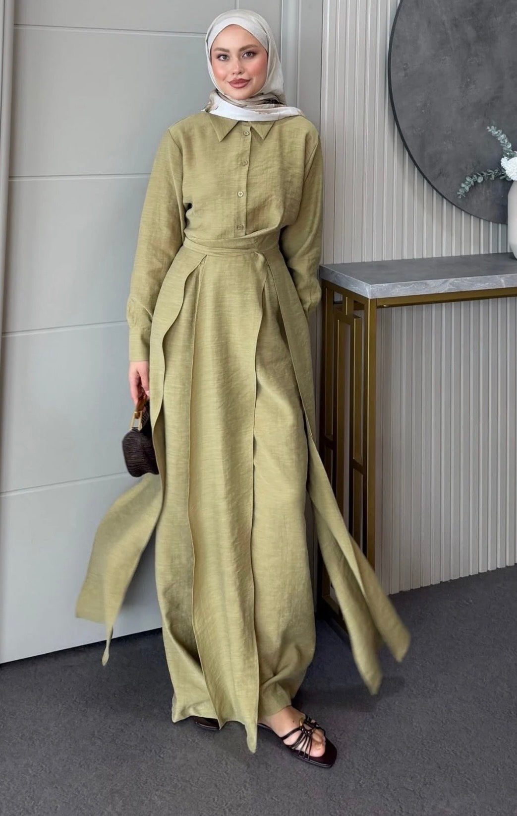 Linen Set with Slit Trousers Olive