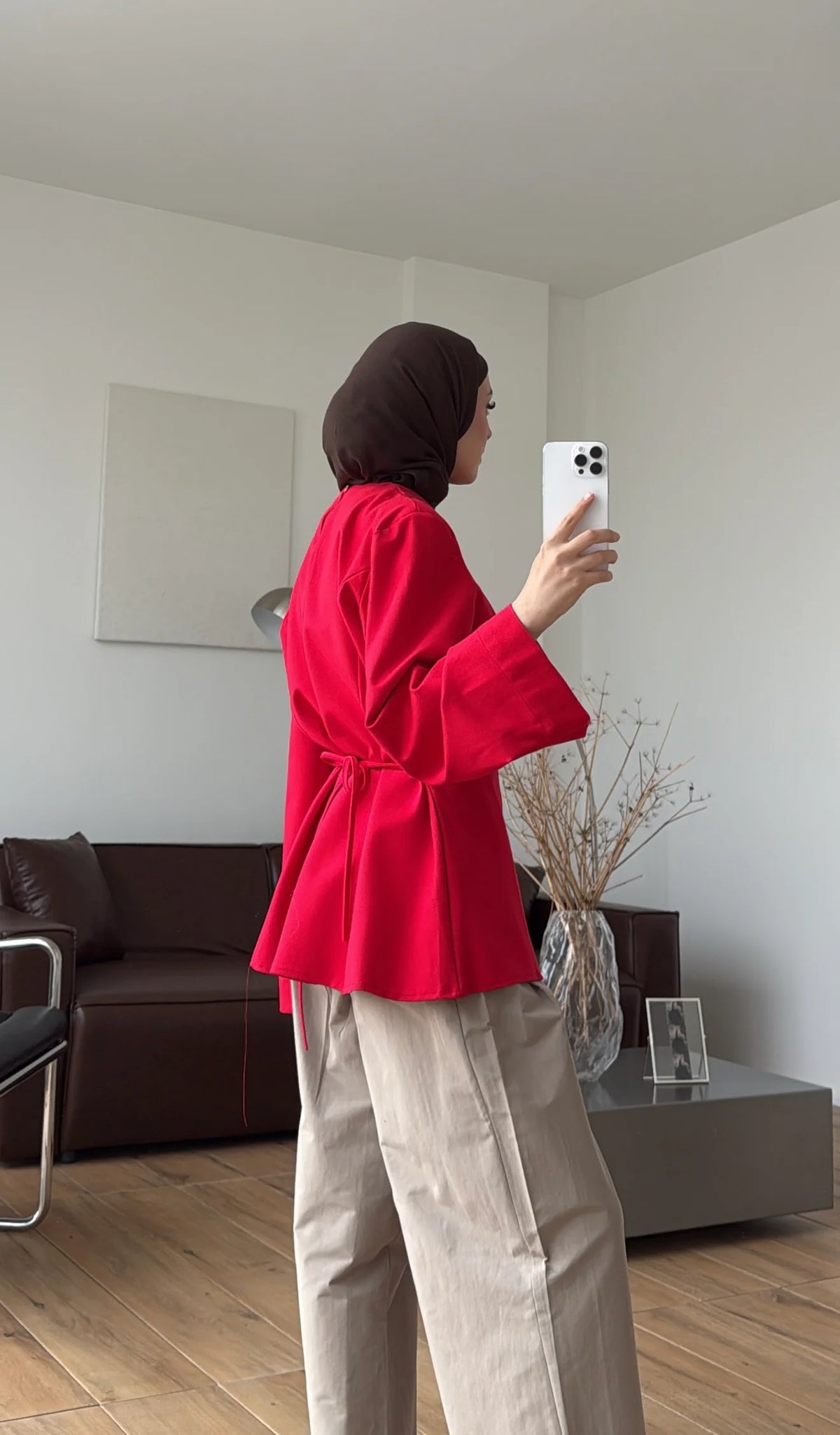 Blouse with Shoulder Pads and Slit Detail Red