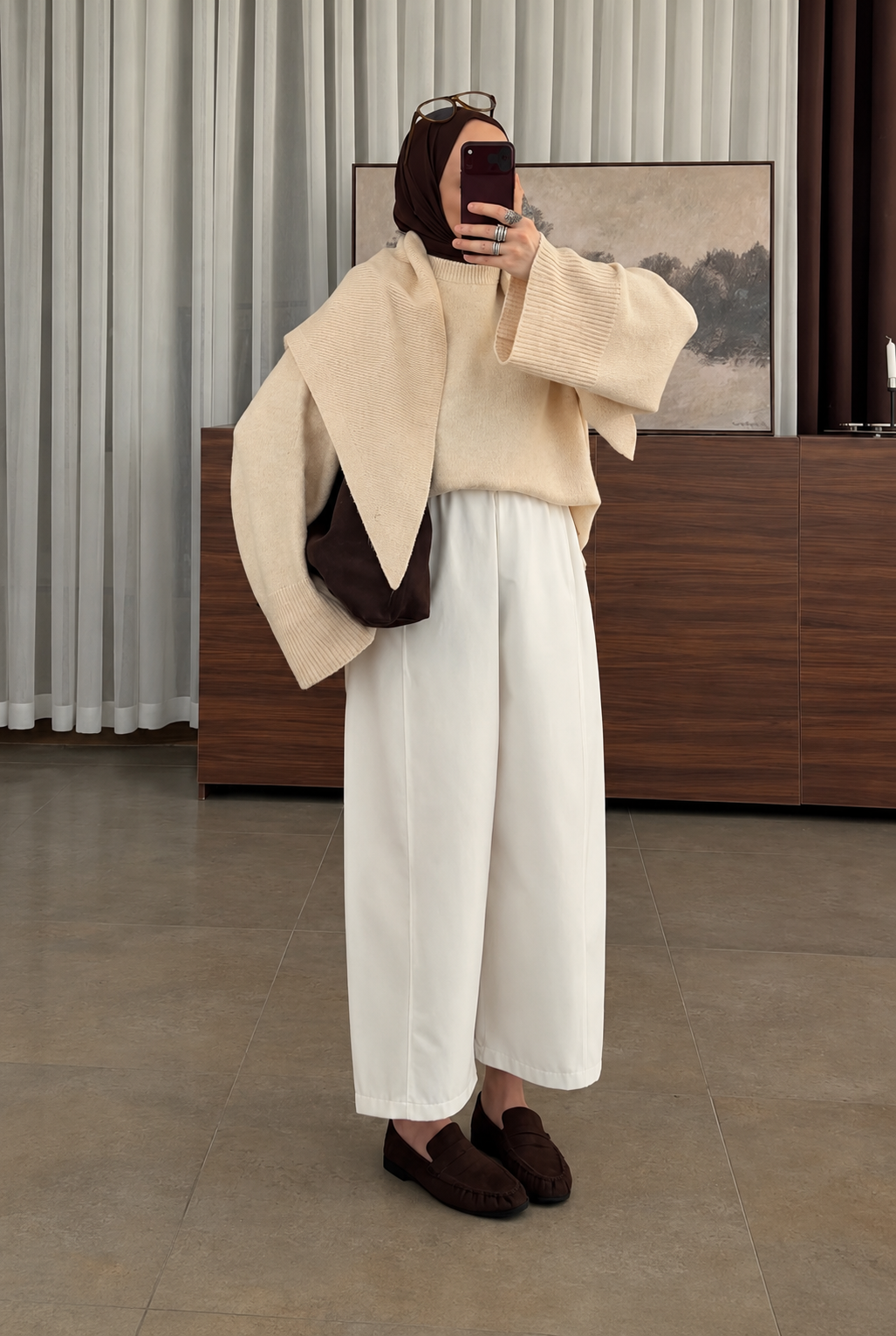 Premium Knit Sweater with Scarf Vanilla