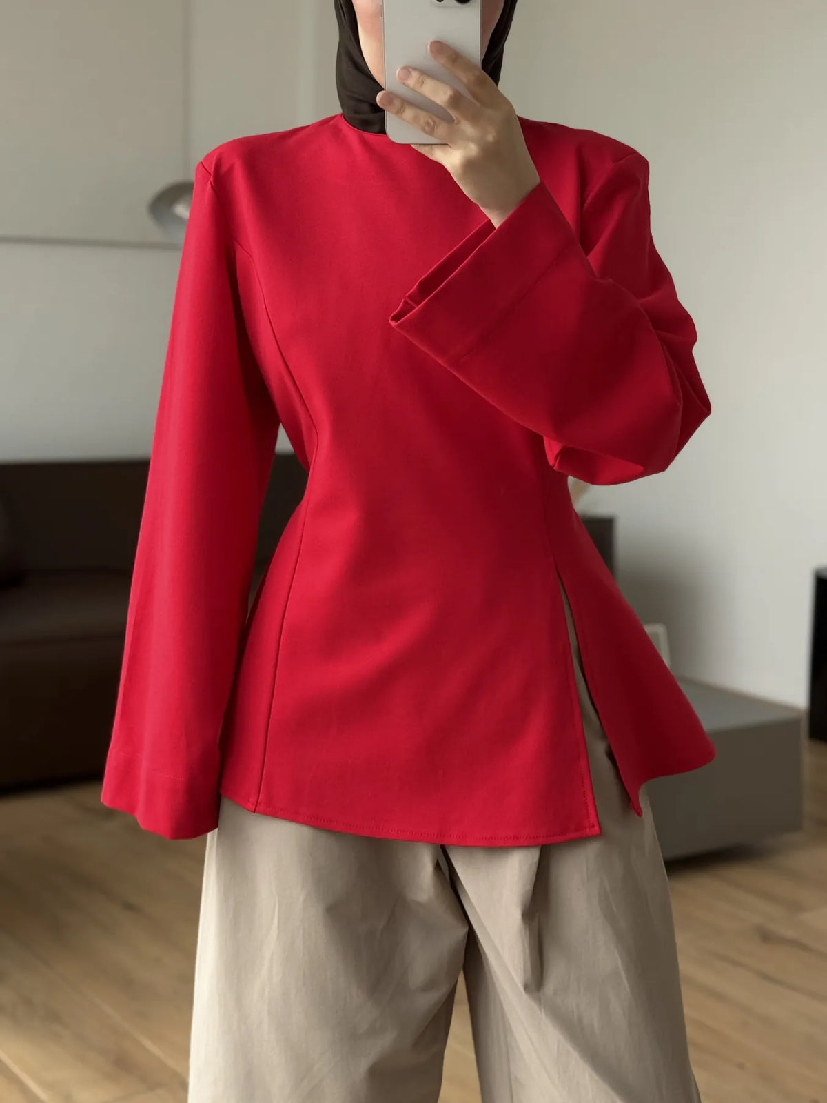 Blouse with Shoulder Pads and Slit Detail Red