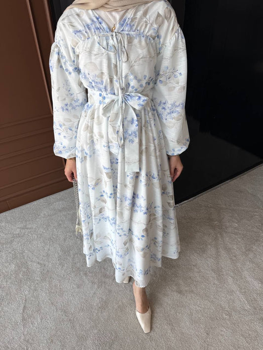 Linen flower dress blue